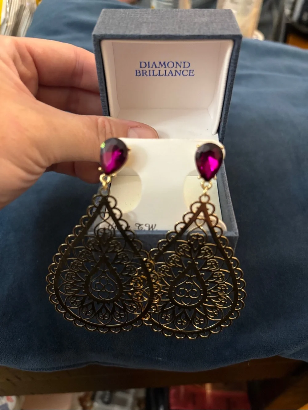 Gold Filigree Teardrop Earrings with Purple Gemstone
